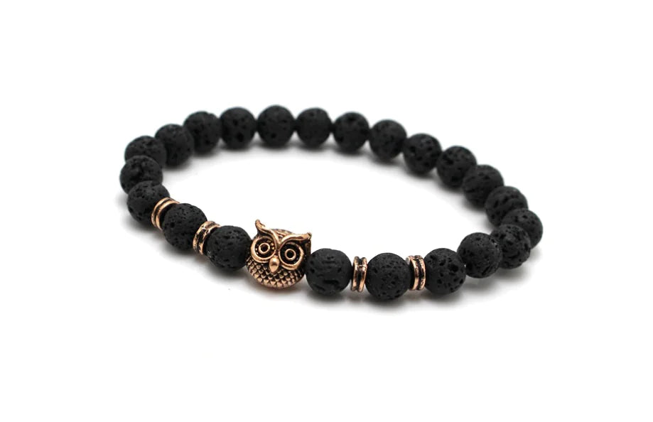 Men's Bracelet with Rock and Lava Beads, Owl Charm