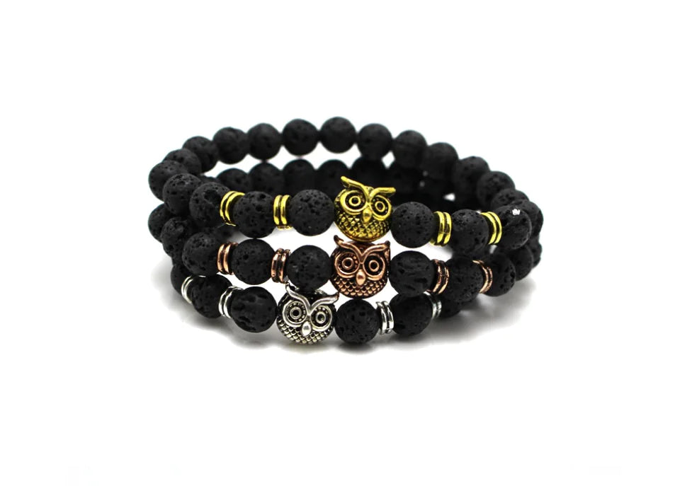 Men's Bracelet with Rock and Lava Beads, Owl Charm