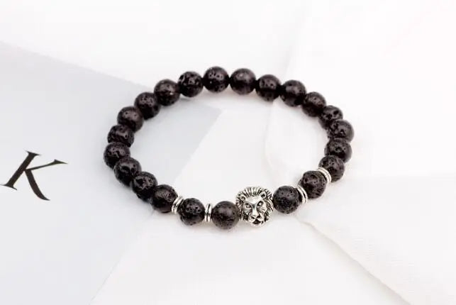 Lion Head Bracelet with Tiger Eye and Lava Stone