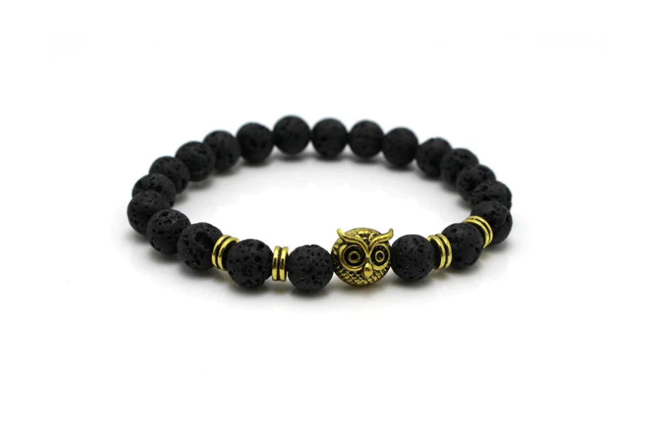 Men's Bracelet with Rock and Lava Beads, Owl Charm