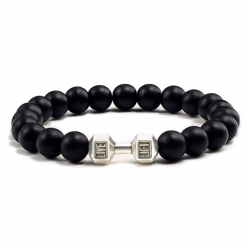 Elastic Stone Beaded Bracelet with Alloy Dumbbell Charm