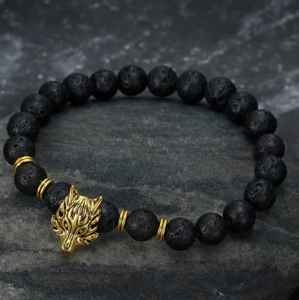 Asgard Grey Wolf Head and Lava Stone Bracelet
