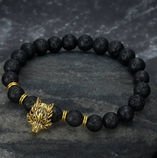 Asgard Grey Wolf Head and Lava Stone Bracelet
