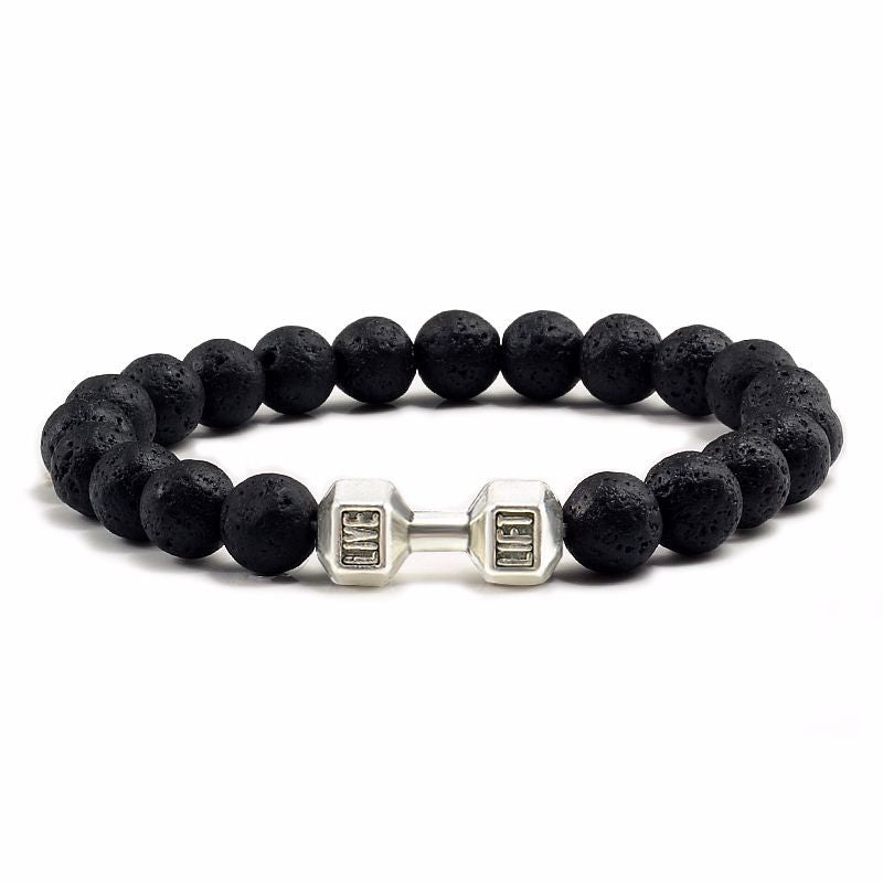 Elastic Stone Beaded Bracelet with Alloy Dumbbell Charm