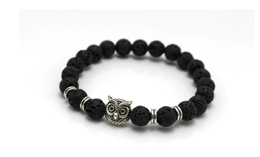 Men's Bracelet with Rock and Lava Beads, Owl Charm