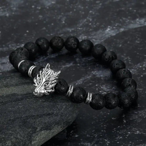 Asgard Grey Wolf Head and Lava Stone Bracelet